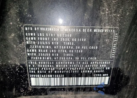 2022 Volkswagen Tiguan Se z USA, uszkodzony, nr VIN 3VV3B7AX2NM138320